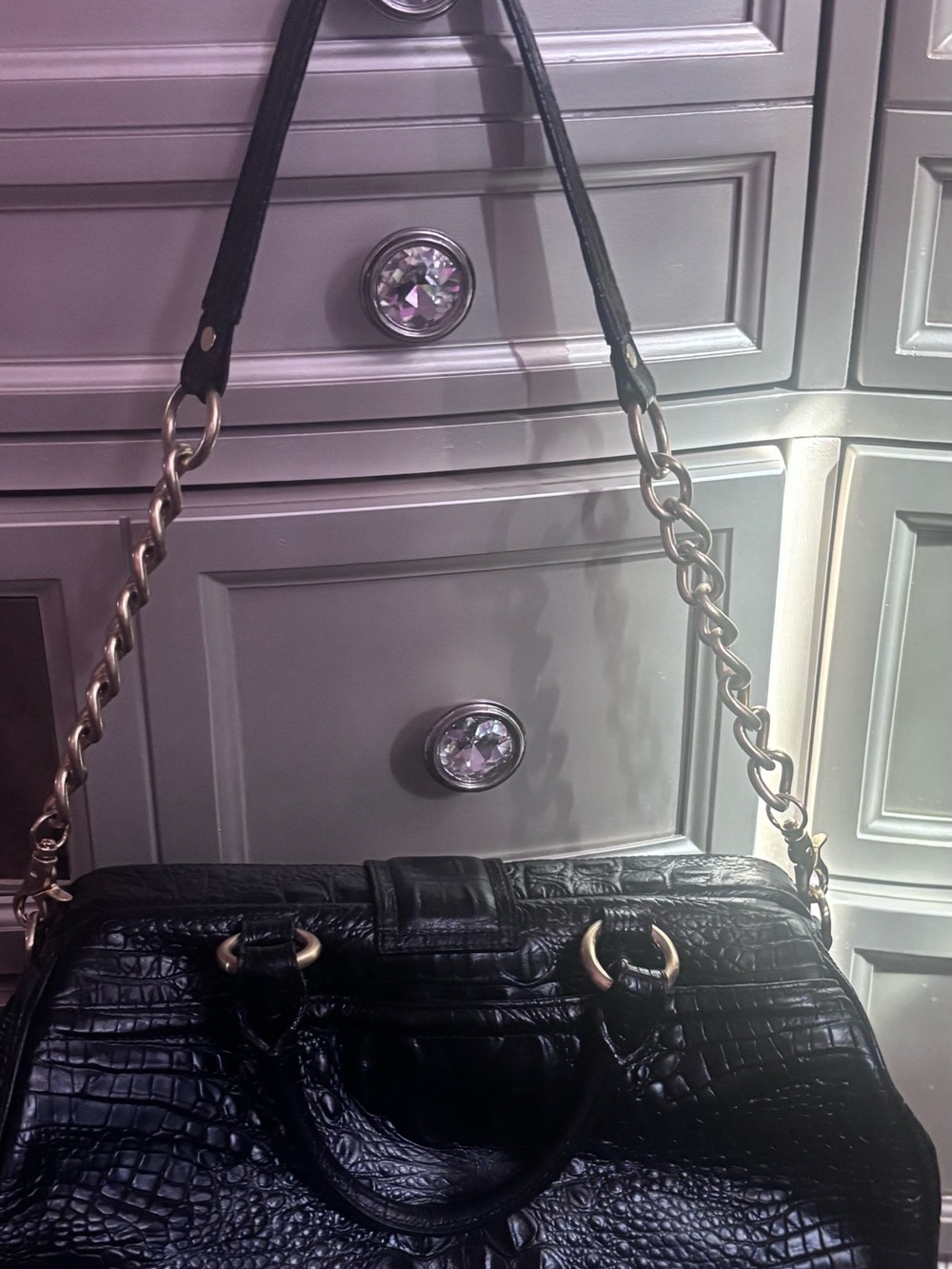 Brahmin Black Croc-Embossed Shoulder Bag with Gold Chain
